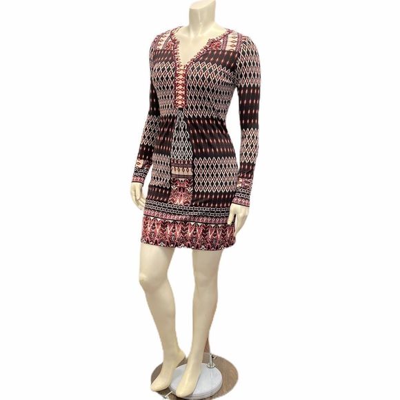 HALE BOB Women's Small A Line Diamond Print Multicolor Long Sleeve Mini Dress - Picture 4 of 7